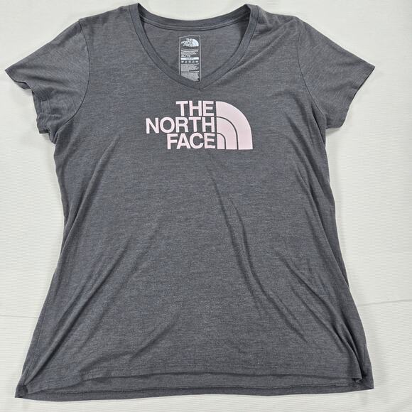 The North Face Logo Slim Fit Gray V-Neck Short Sleeve T-Shirt Women's Size XL - Picture 1 of 5